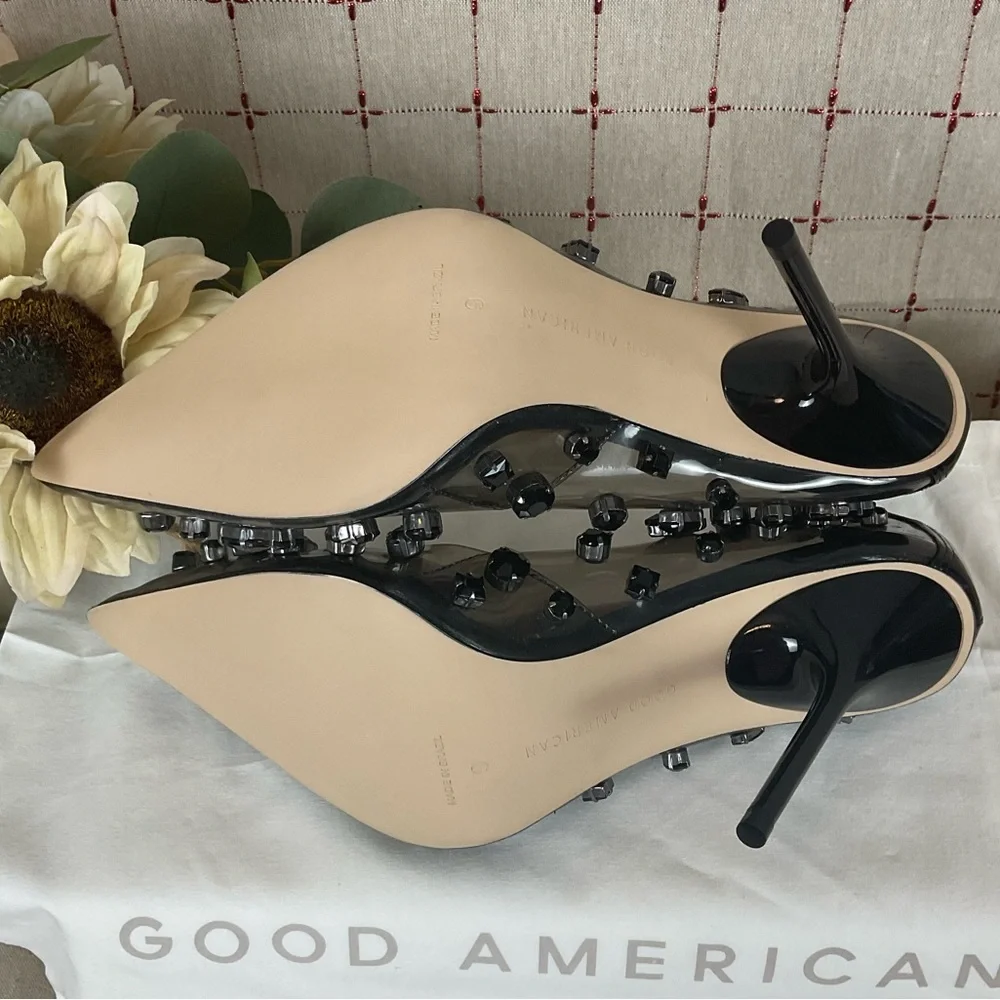 Good American 'Jeweled Emma” Clear PUMP Size 9 Light Smoke Black New Stiletto - Picture 5 of 7